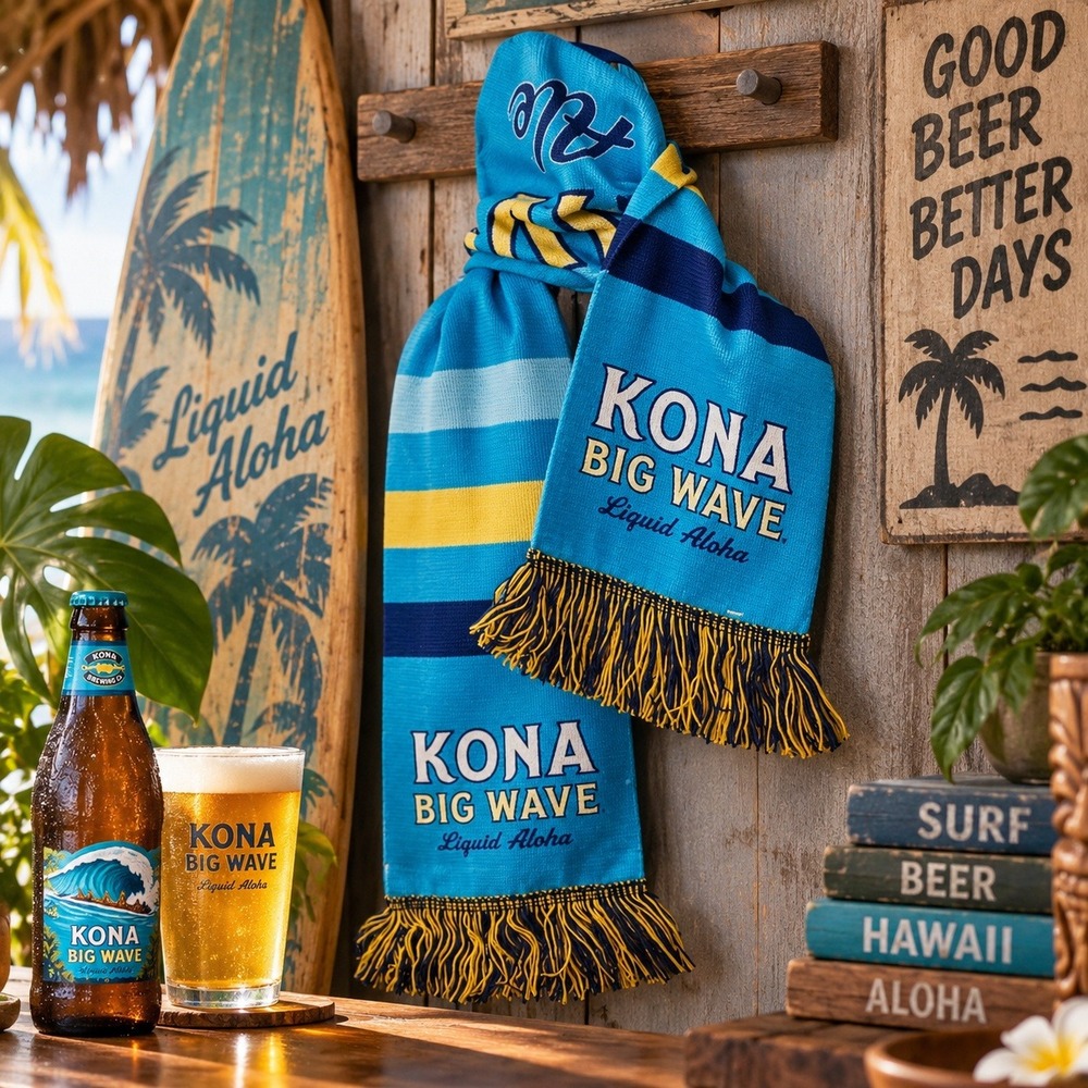 Kona Bar Collectible Big Wave Beer Scarf Fringe Knit Liquid Aloha Ruffneck NEW!!